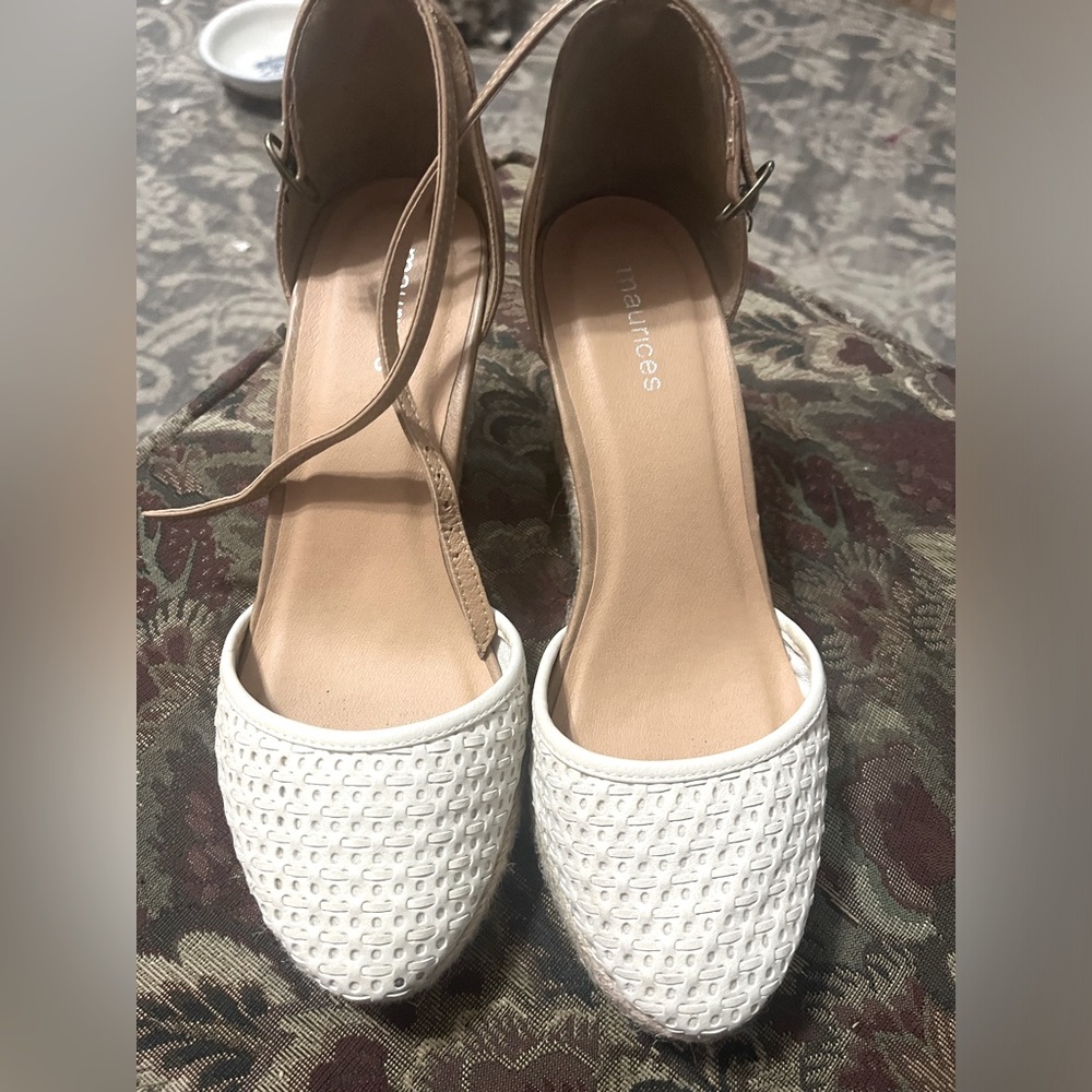 Maurice’s strappy wedges!  Off white or cream color and tan. Size 7.5